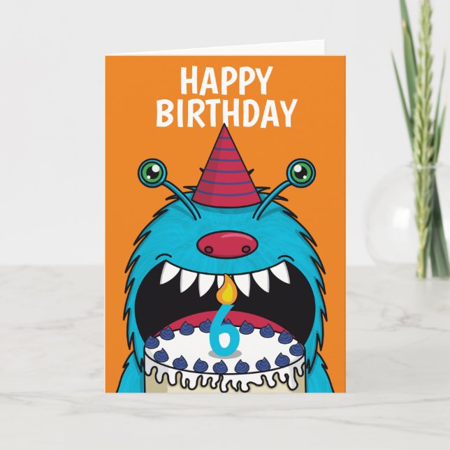 Garçons 6e anniversaire Blue Monster carte mignonn (Devant)