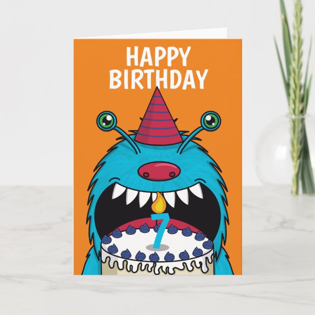 Garçons 7e anniversaire Blue Monster carte mignonn (Devant)