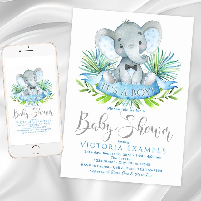 Garçons Elephant Baby Shower Invitations (Cute boy elephant and greenery baby shower. Instant download and printed invitations available.)