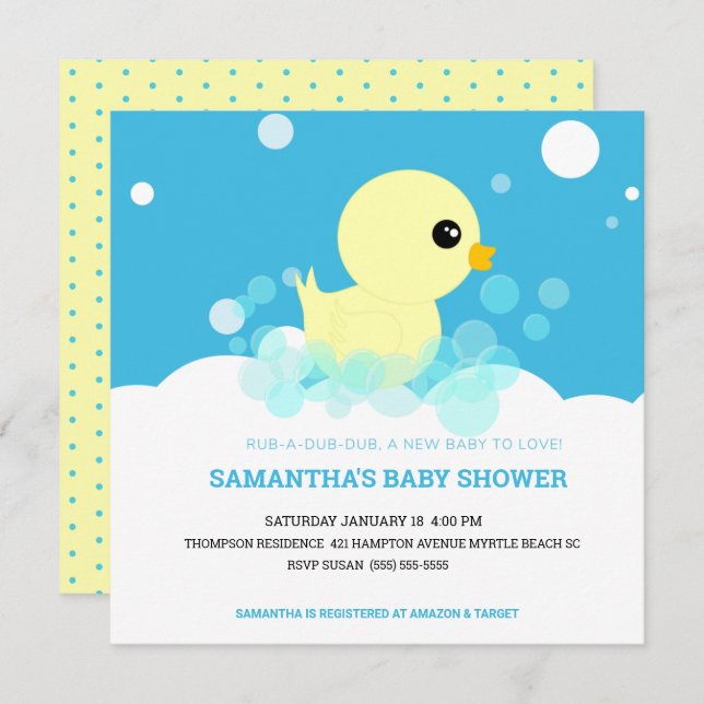 Garçons En Caoutchouc Bébé Douche Invitations (Devant / Derrière)