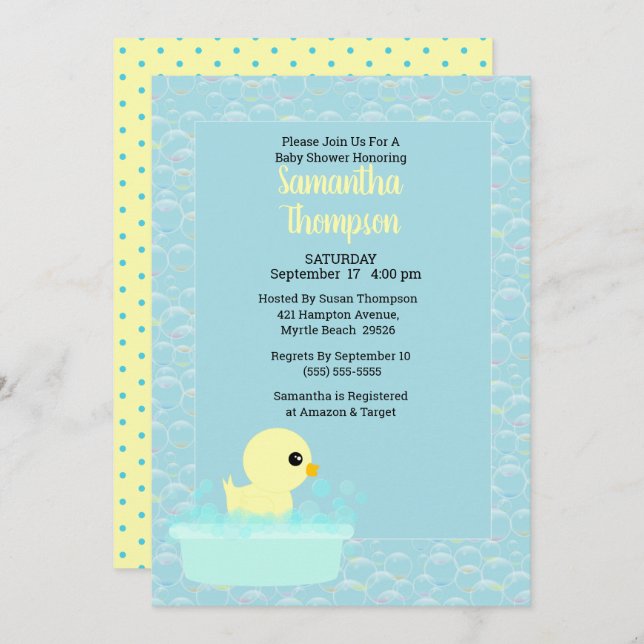 Garçons En Caoutchouc Bébé Douche Invitations (Devant / Derrière)