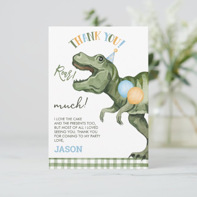 Garçons Green Roar Dinosaur Carte de remerciements (Debout devant)