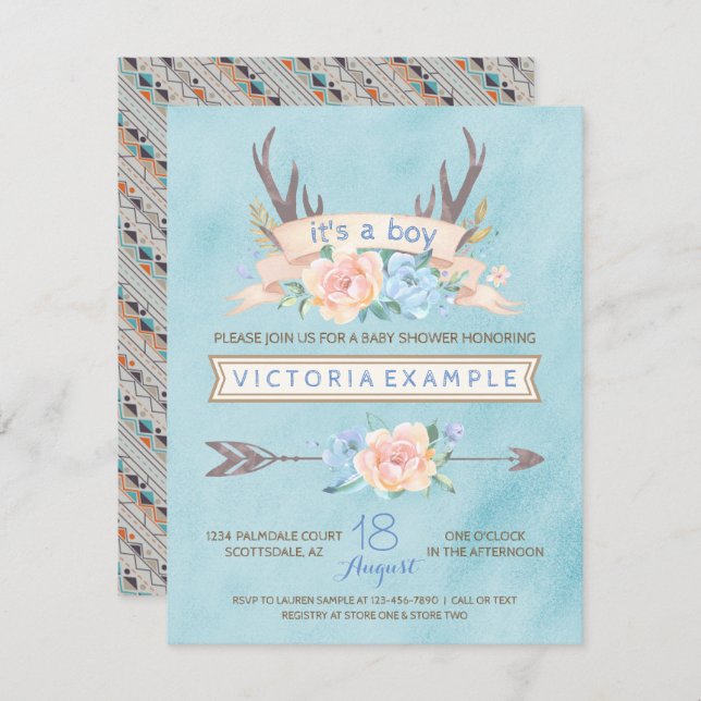 Garçons Tribal Antler Boho Baby Shower Invitations (Devant / Derrière)
