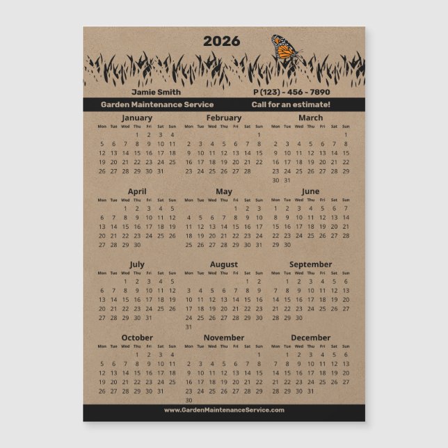 Garden Maintenance Service Magnetic 2026 Calendar (Devant)