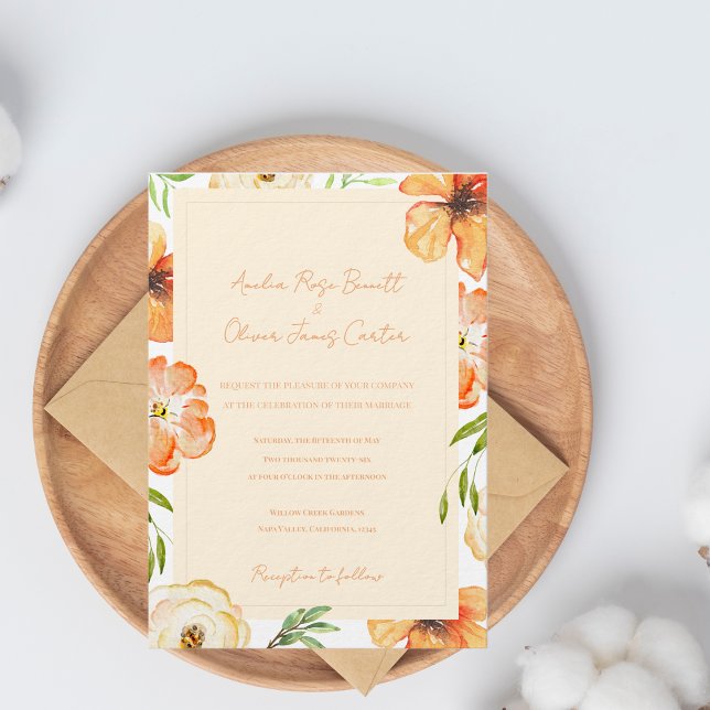 Garden Meadow Soft Peach Floral Wedding Invitation (Soft Peach Garden Meadow Florals Wedding Invitation | Watercolor Floral Garden Wedding Invite)