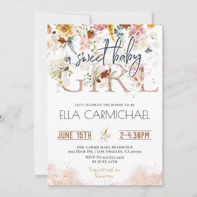 Garden Sweet Baby Girl Baby shower Invitation (Devant)