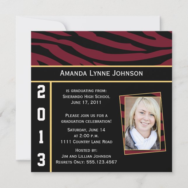 Garnet Gold Black Zebra Graduation Invitation (Devant)