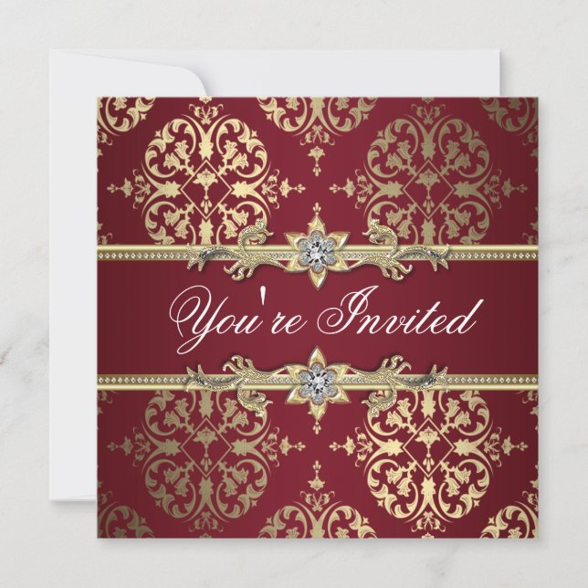 Garnet Ruby Red Gold Black Damask Party Invitation (Devant)