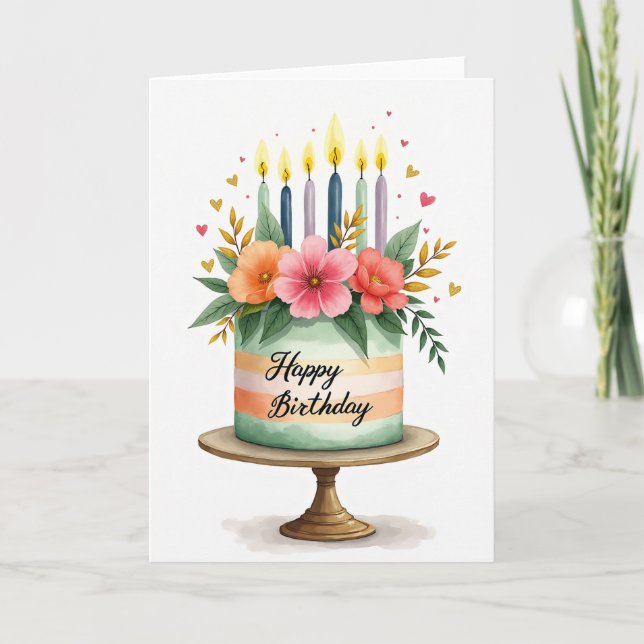 Gâteau à l'aquarelle et carte florale (Devant)