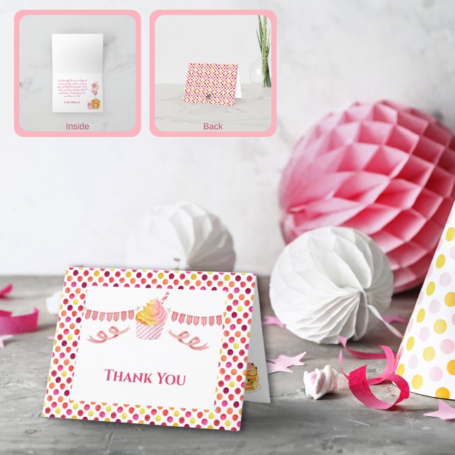 Gâteau Cupcake Point Jaune Rose Merci (Pink Yellow Birthday Party Thank You Card)