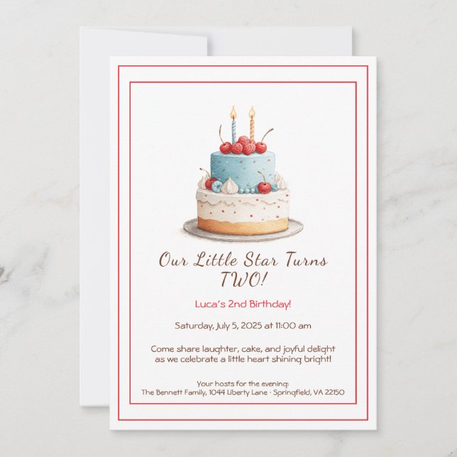 Gâteau d'anniversaire bleu et rouge - Invitation d (Devant)