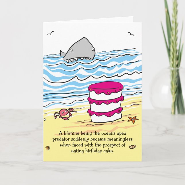 Gâteau d'anniversaire de requin sur carte de plage (Devant)