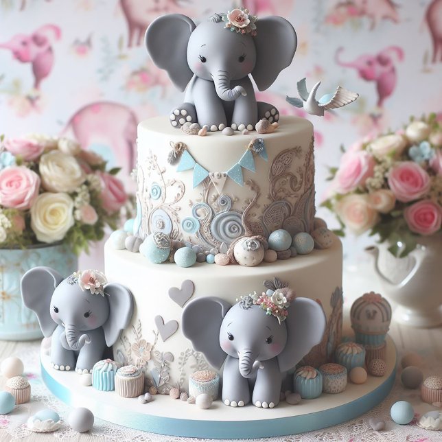 GÂTEAU ÉTAGÉ AUX PETITS ÉLÉPHANTS DRÔLES (Baby Elephants Baby Shower Invitation)