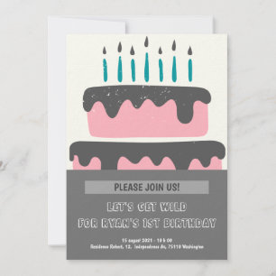 Gâteau rose et noir 1er anniversaire Invitation