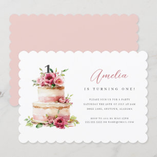 Gâteau rose floral premier anniversaire Invitation