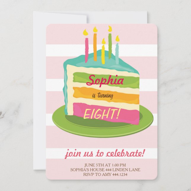 Gâteau rose rayé Invitations de fête d'anniversair (Devant)