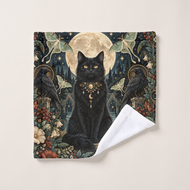 Gato Negro Gótico Celestial con Luna y Cuervos. (Gant de toilette)