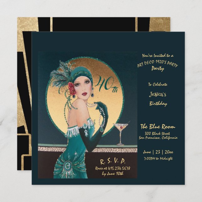Gatsby Art Déco 40e anniversaire Invitations (Devant / Derrière)