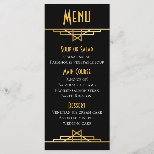 Gatsby Art Déco Menu Black & Gold Wedding Party (Devant)
