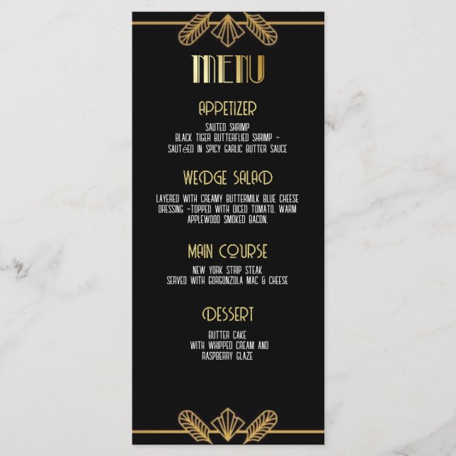 Gatsby, Art Déco, mystère de meurtre, menu (Devant)