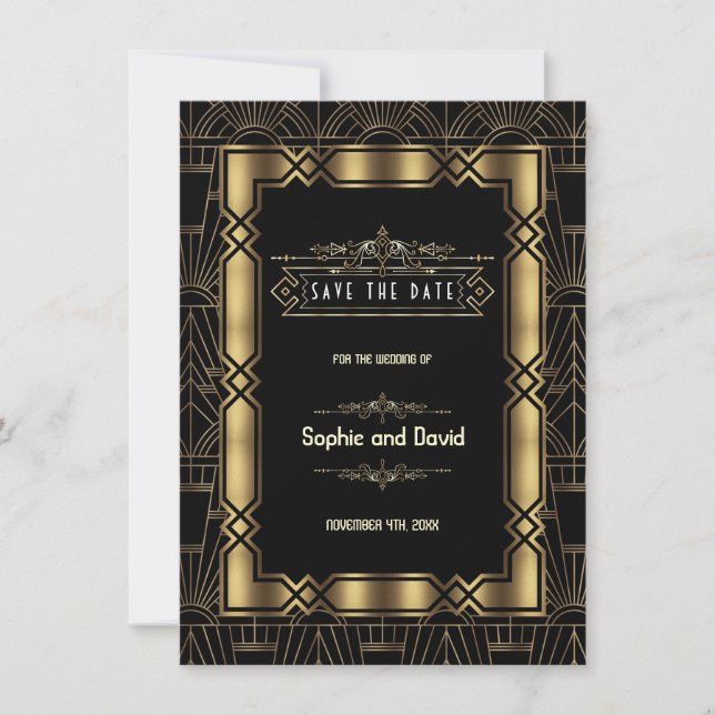 Gatsby Art Déco noir or Save the Date des années 1 (Devant)