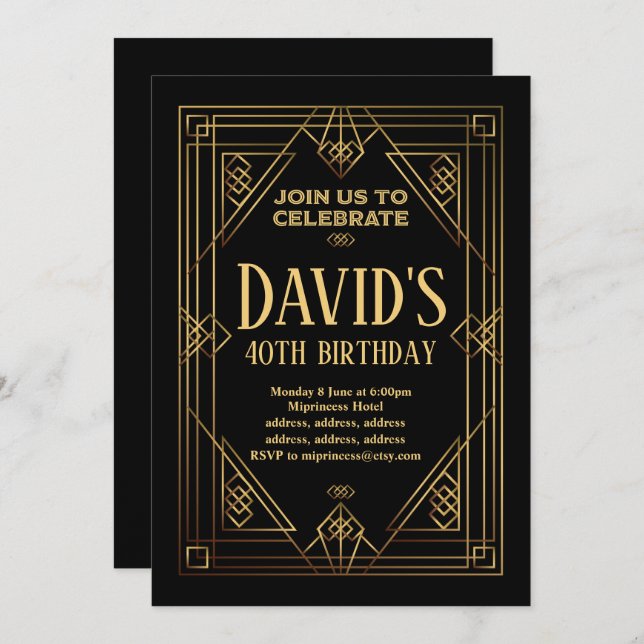 Gatsby, Art déco, rétro, vintage, invitation (Devant / Derrière)