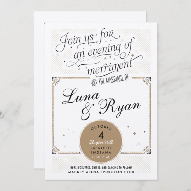 Gatsby Black and Gold Retro Invitations de mariage (Devant / Derrière)