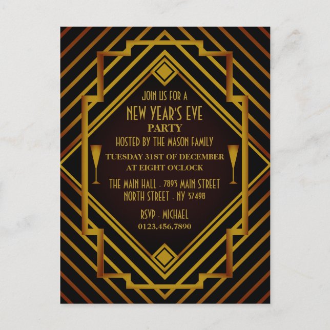 Gatsby Gold 1920's New Year Party Invitation (Devant)
