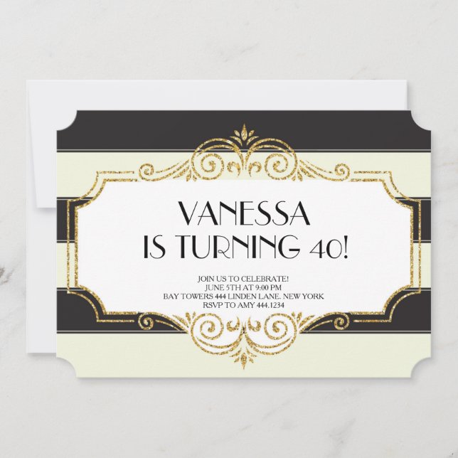 Gatsby Gold Black Parties scintillant Invitations  (Devant)
