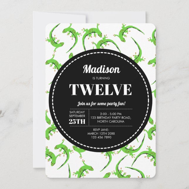 Gecko Lizard Reptile Motif Invitation d'anniversai (Devant)