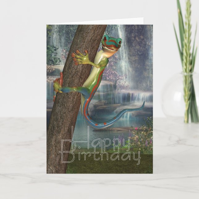 Gecko Sur Une Carte Arbre Anniversaire (Devant)