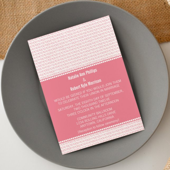 Geek Chic Code binaire Faire-part de mariage, rose (Pink Geek Chic Binary Code Wedding Invitation)