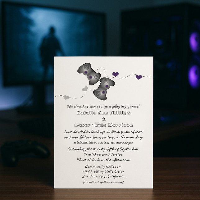 Geeky Gamers Faire-part de mariage (Argent/Violet) (Silver Purple Geeky Gamers Wedding Invitation)