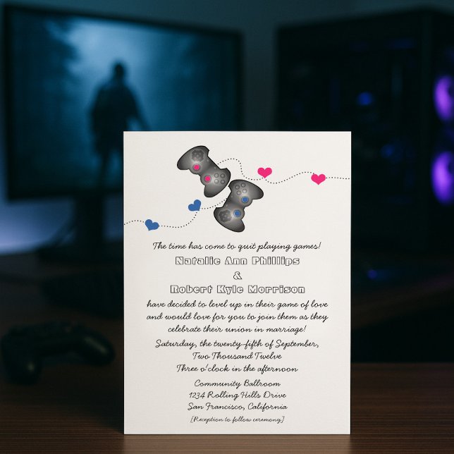 Geeky Gamers | Faire-part de mariage bleue et rose (Blue and Pink Geeky Gamers Wedding Invitation)