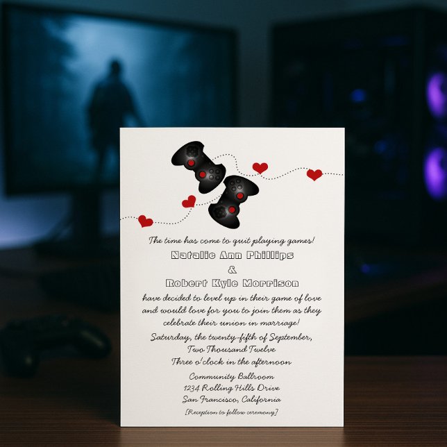 Geeky Gamers Faire-part de mariage (Dark) (Red Geeky Gamers Wedding Invitation)