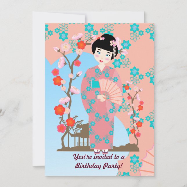 Geisha fille et fleurs invitation fête d'anniversa (Devant)