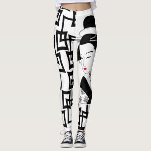 geisha girl japonaise noir blanc leggings graphiqu
