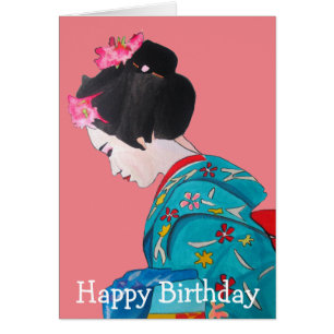Geisha japonais avec l'anniversaire rose de fleurs
