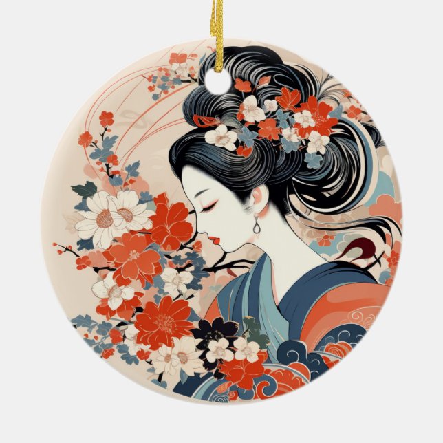 Geisha japonais & Fleurs en céramique ornement (Dos)