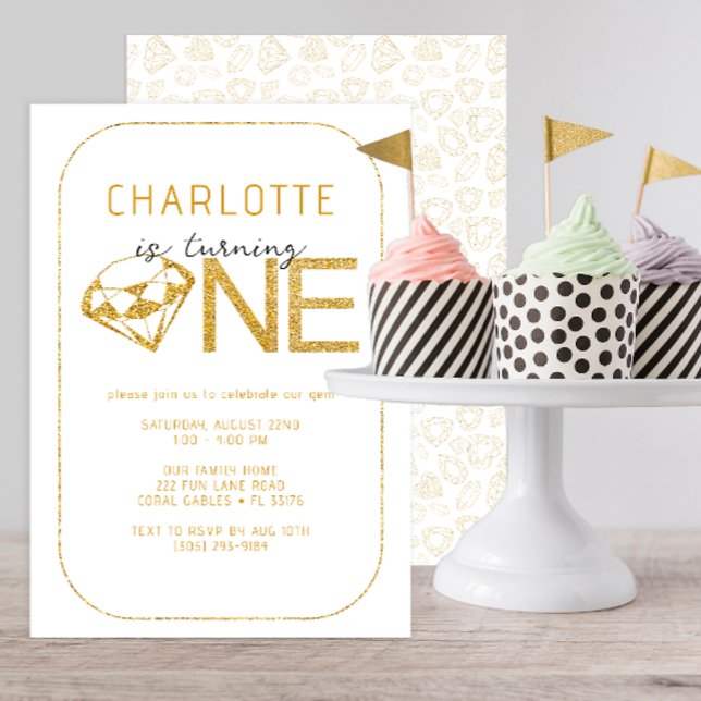 Gem Diamond Un 1er Anniversaire Fête Invitation (turning one gold birthday invitation for baby girl)