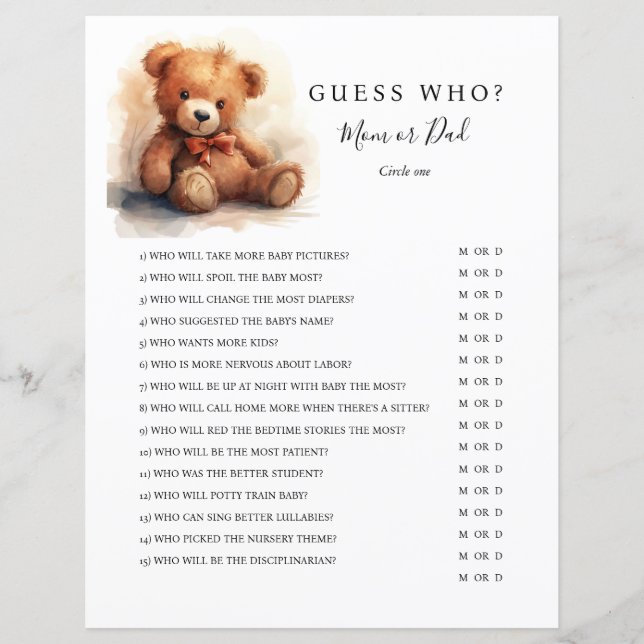 Gender Neutral Teddy Bear Baby Shower Game (Devant)
