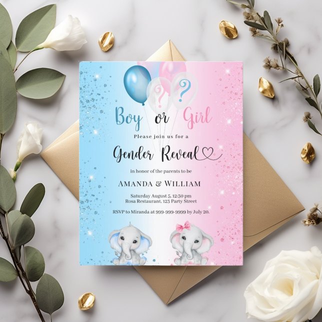 Gender reveal blue pink elephants invitation (Créateur téléchargé)