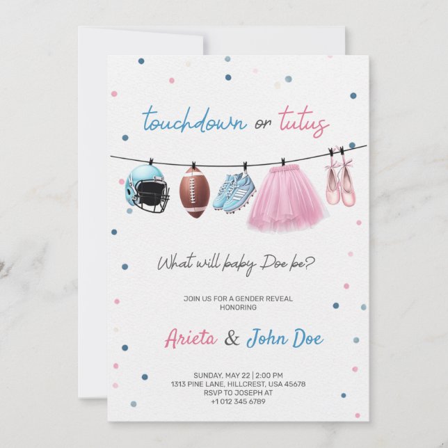 Gender Reveal Invitation card with a football,tutu (Devant)