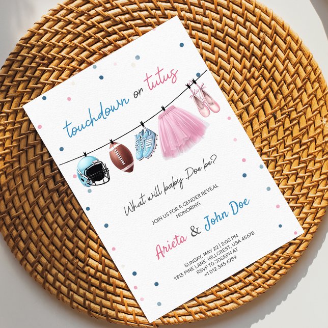 Gender Reveal Invitation card with a football,tutu (Créateur téléchargé)