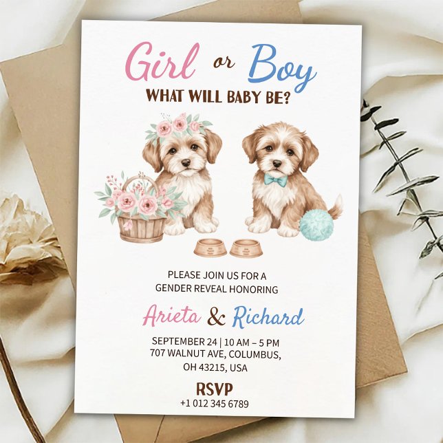 Gender reveal invitation featuring two puppies (Créateur téléchargé)