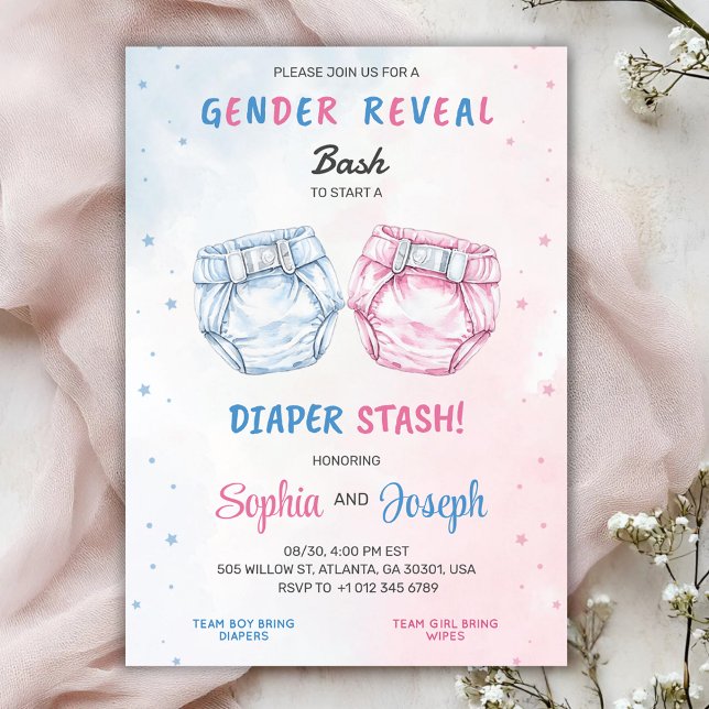 Gender reveal invitation with "Bash" and "Diaper  (Créateur téléchargé)