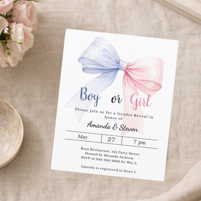 Gender reveal pink blue bow boy girl invitation (Créateur téléchargé)