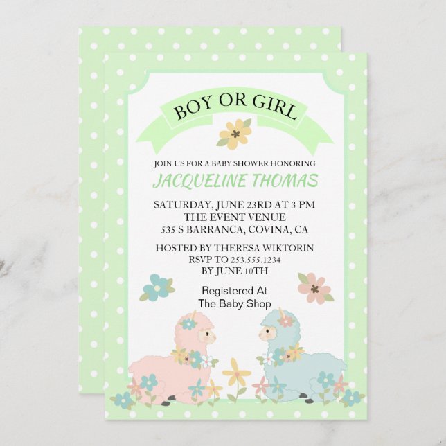 Genre Reveal Llama Baby shower Invitation (Devant / Derrière)