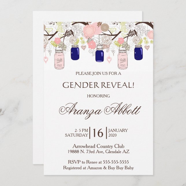 Genre Reveal Mason Jars Baby shower Invitation (Devant / Derrière)
