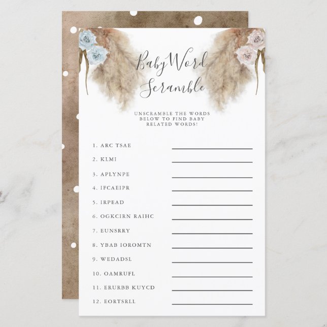 Genre Reveal Pampas Grass Baby Word Scramble Jeu (Devant / Derrière)